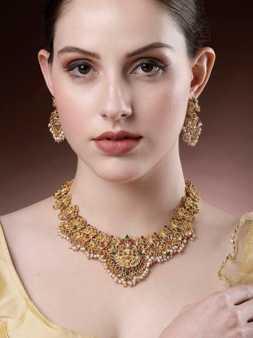 Karatcart Gold-Plated Stone-Studded Pearl Drop Beaded Temple Jewellery Set