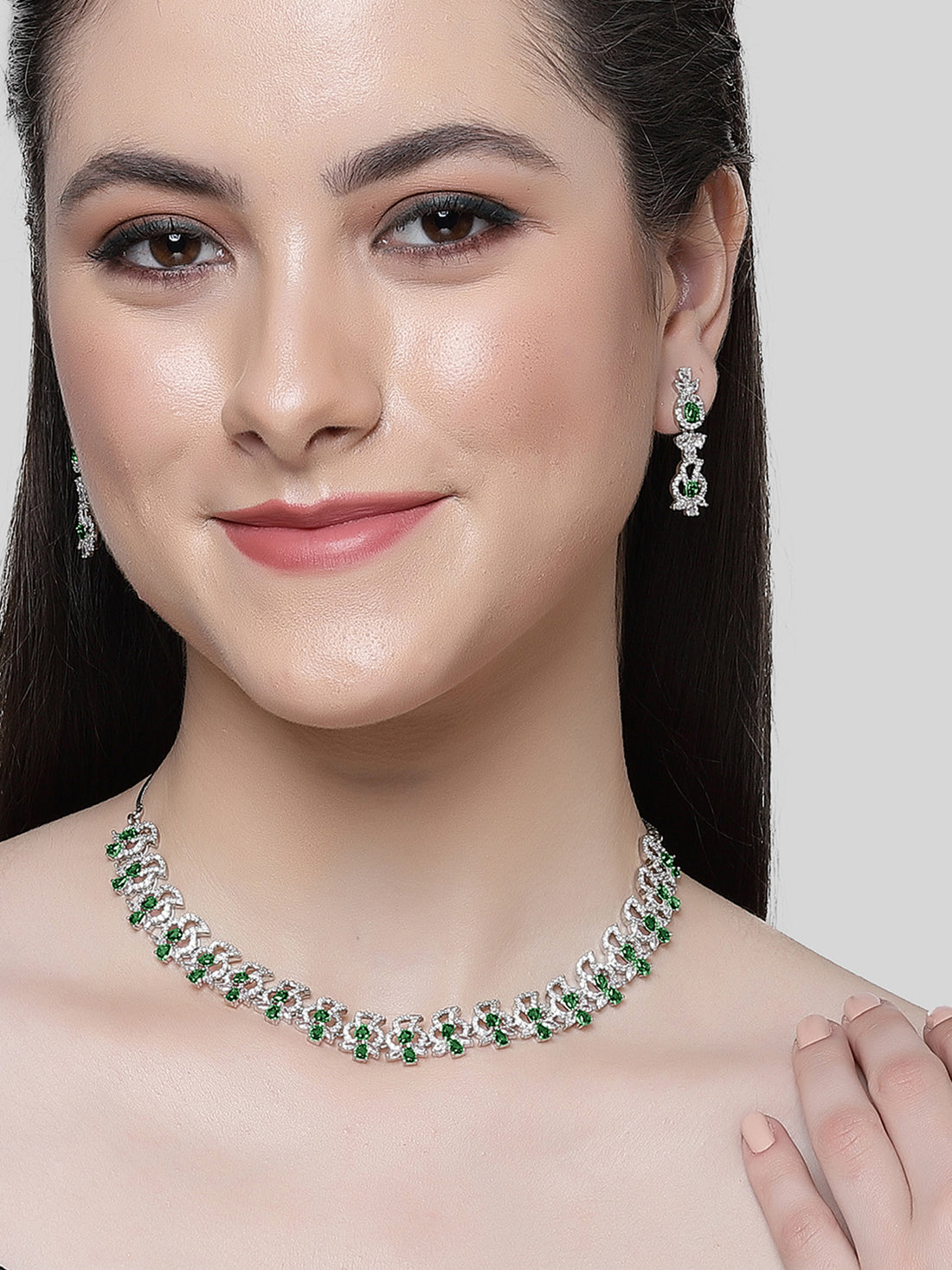 Karatcart Green Cubic Zirconia Studded Silver Plated Necklace Set for Women