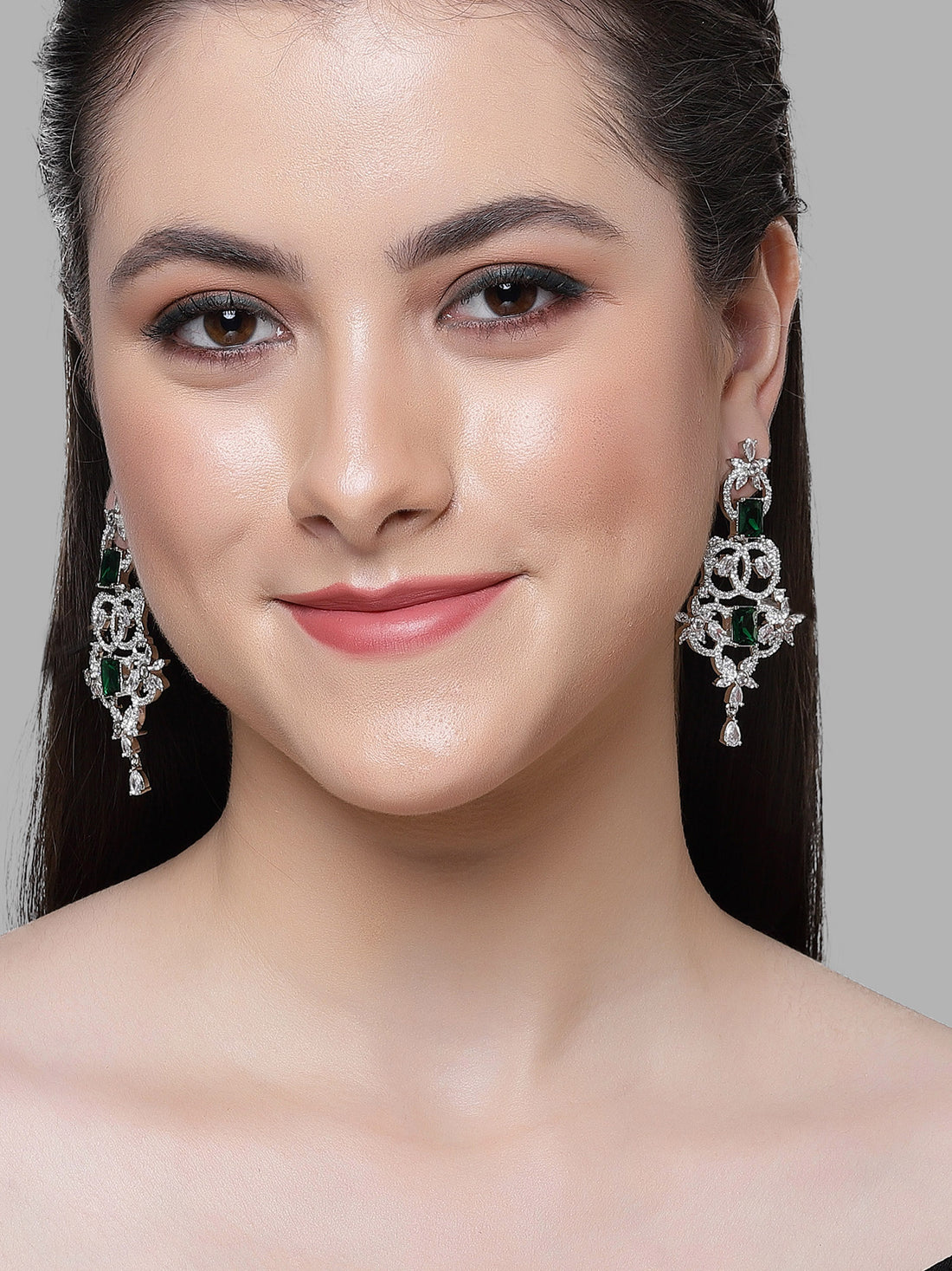 Karatcart Silver Plated Green Cubic Zirconia Studded Drop Earrings for Women