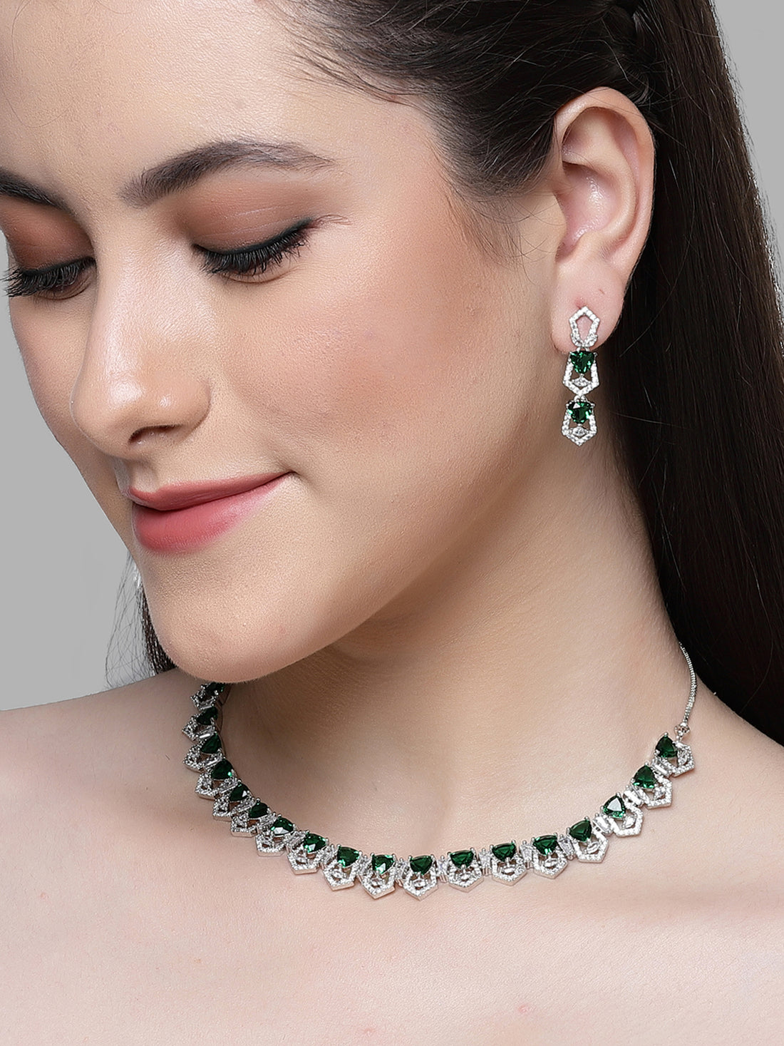 Karatcart Silver Plated Green Cubic Zirconia Necklace Set for Women