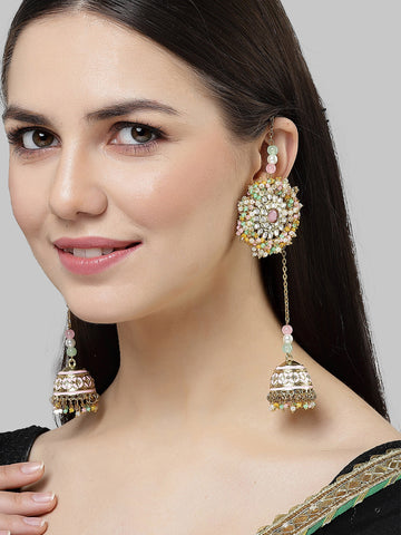 Karatcart Gold Plated Multicolor Crystal Studded Kundan Kaanchain Jhumki Earrings