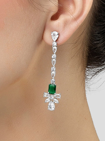 Karatcart Silver Plated Green Drop Cubic Zirconia Earrings for Women