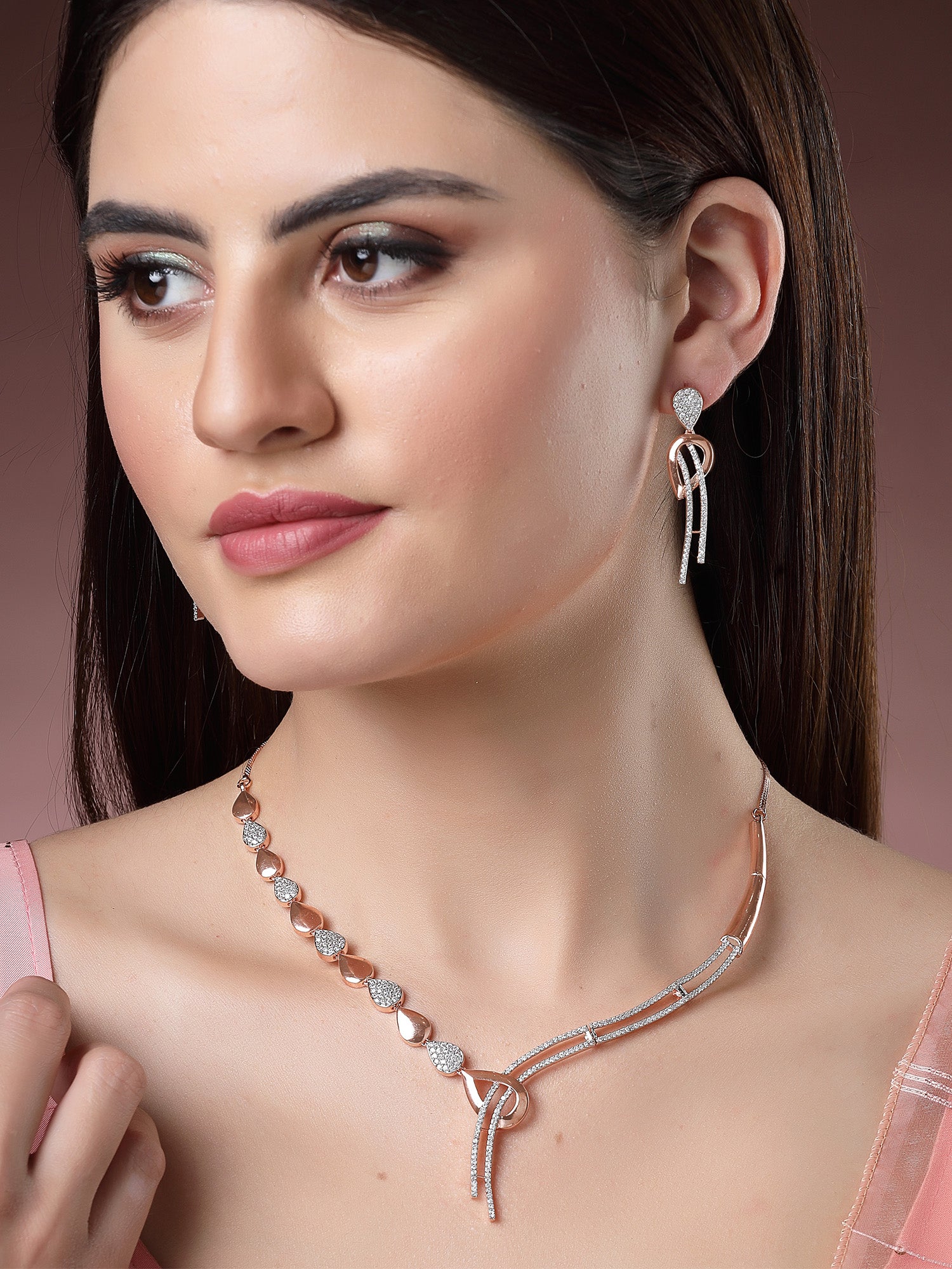 Karatcart Graceful Rose Gold Necklace Set with Cubic Zirconia Embellishments and Rhodium Finish - Image 1