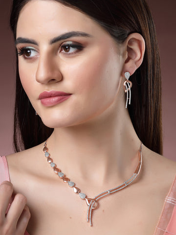 Karatcart Graceful Rose Gold Necklace Set with Cubic Zirconia Embellishments and Rhodium Finish