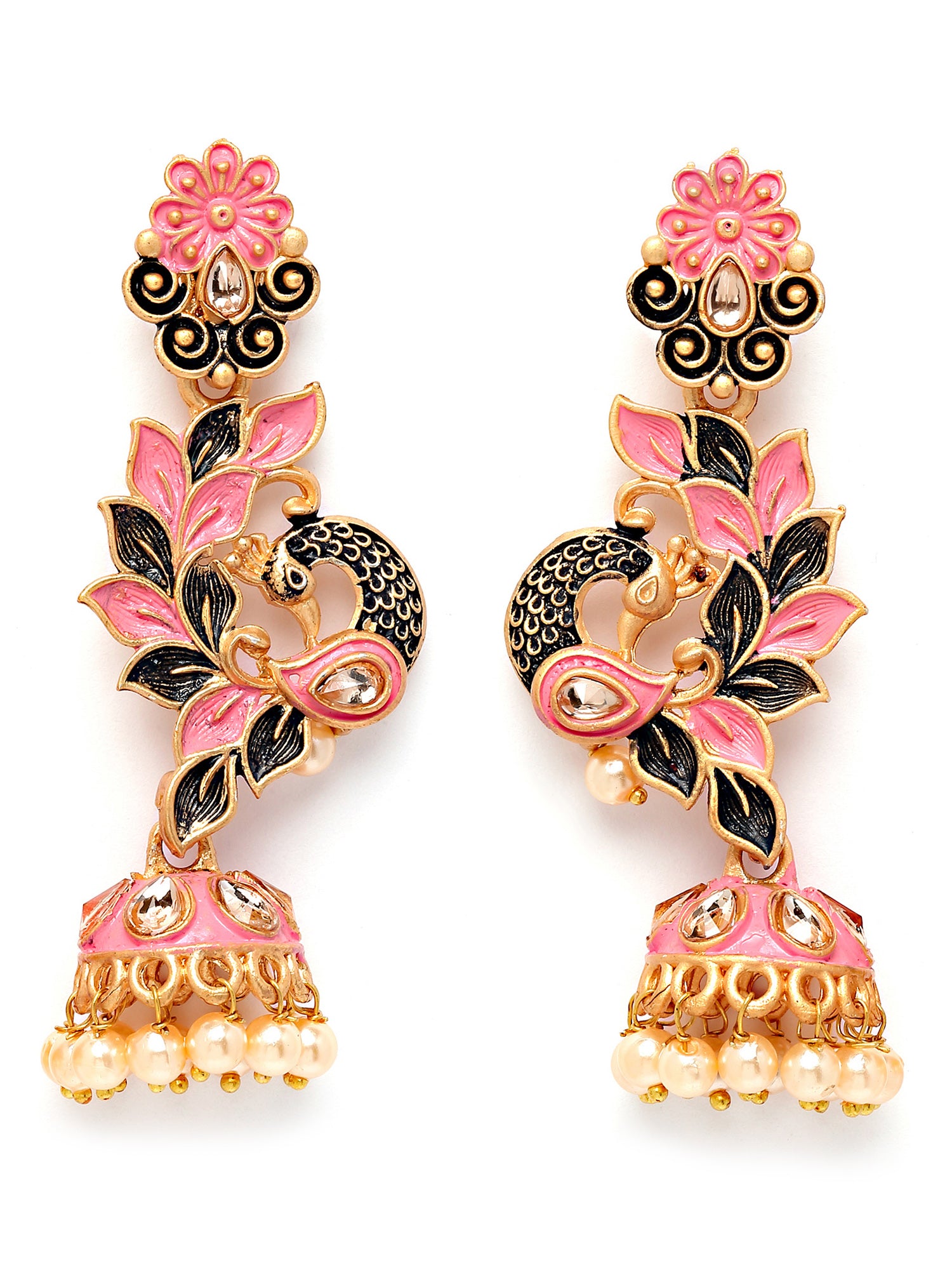 Karatcart Gold Plated Peacock Shape Pink Kundan Dangler Jhumki Earrings for Women - view 4