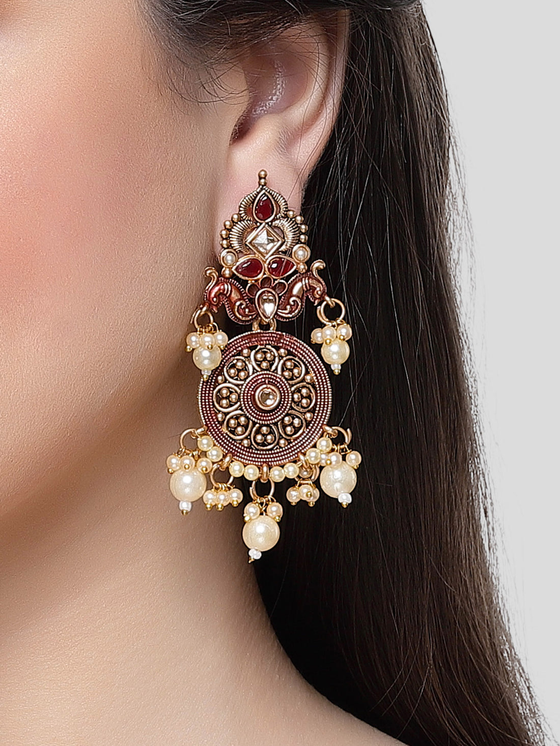 Karatcart Gold Plated Maroon Meena Kundan Dangler Earrings for Women