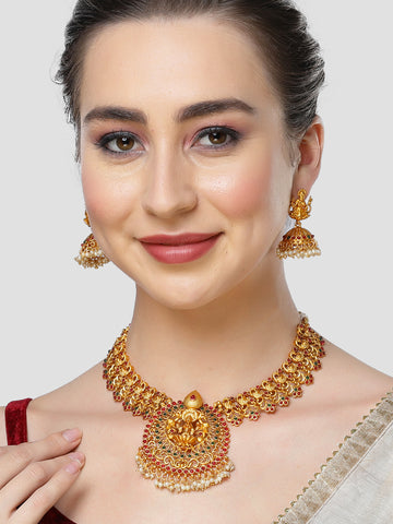 Karatcart Gold Plated Laxmi Mata and Peacock Design Temple Jewellery Set for Women