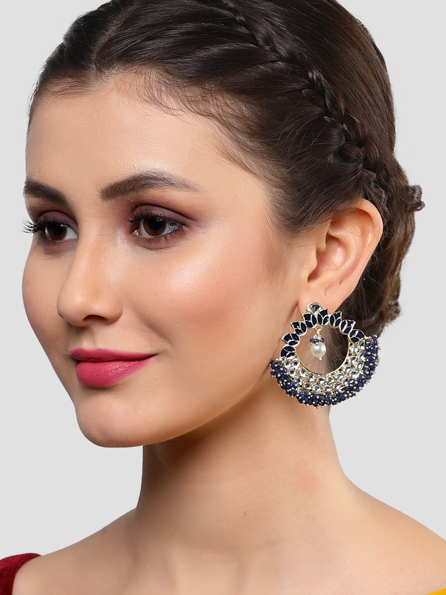Karatcart Gold Plated Navy Blue Meena and Crystal Studded Kundan Hoop Earrings for Women - Image 1