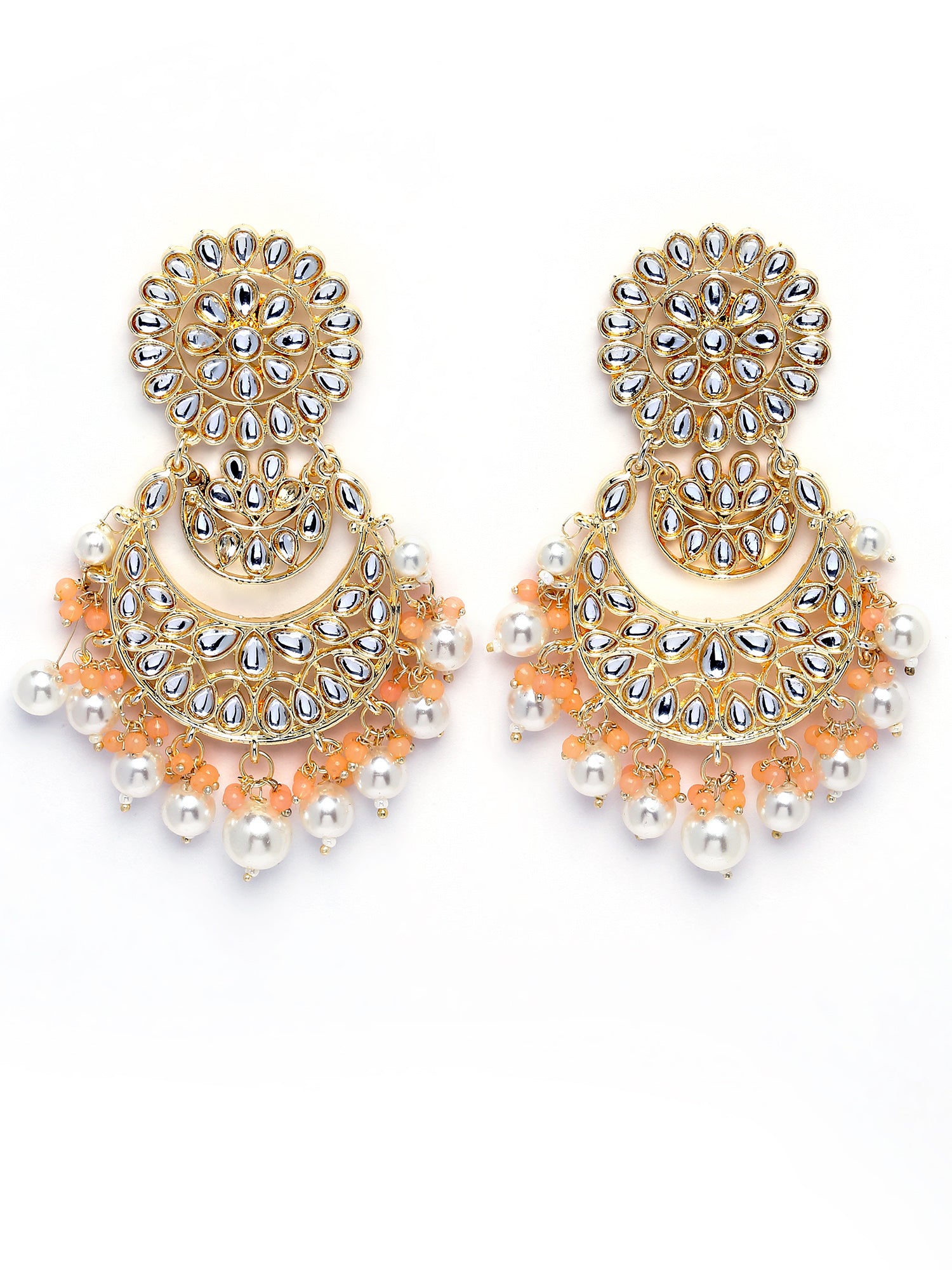 Karatcart Gold Plated Peach and Pearl Beads Studded Kundan Dangler Earrings for Women - view 4