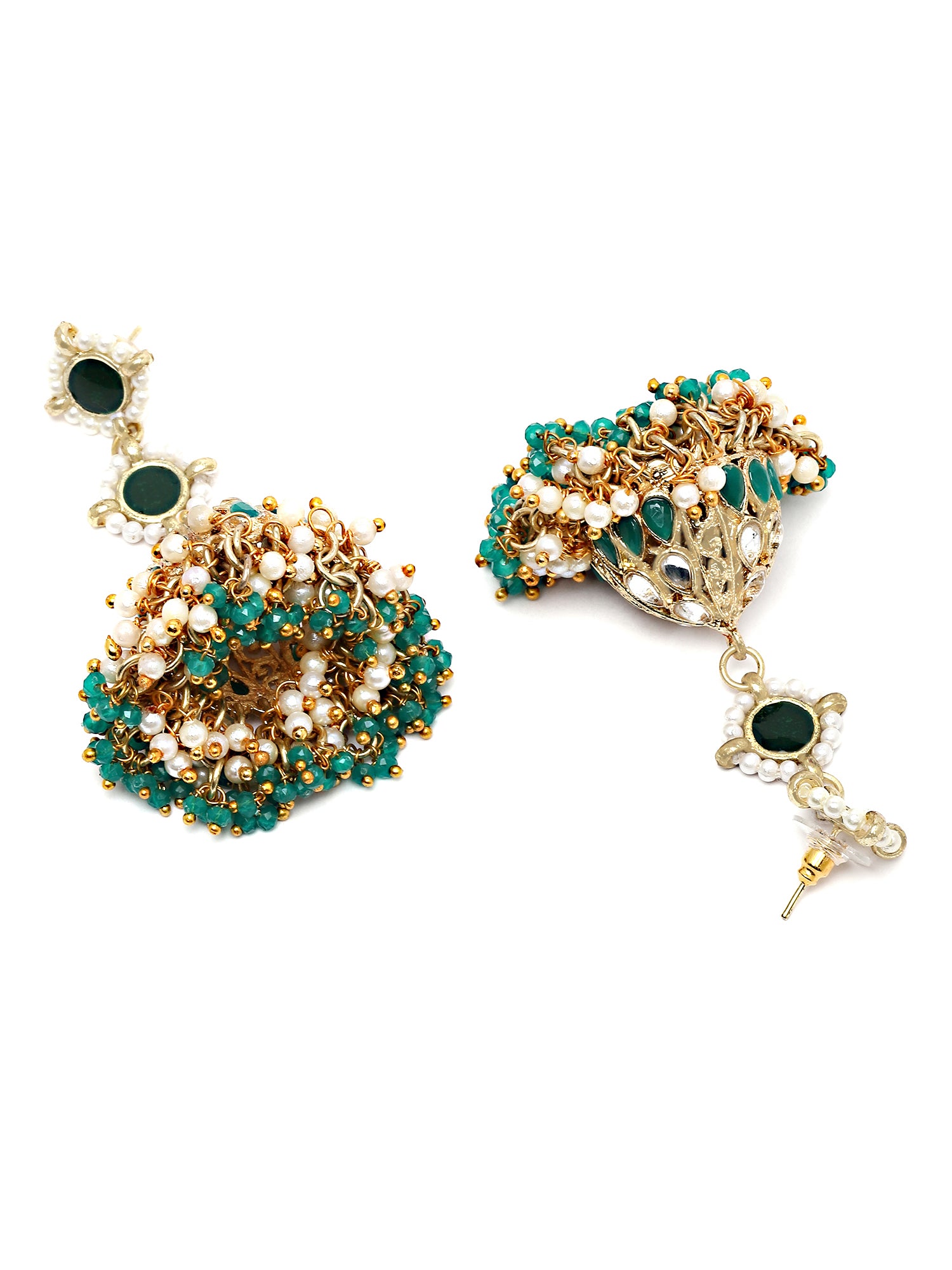 Karatcart Gold Plated Green Crystal and Pearl Studded Kundan Jhumki Earrings for Women - view 5