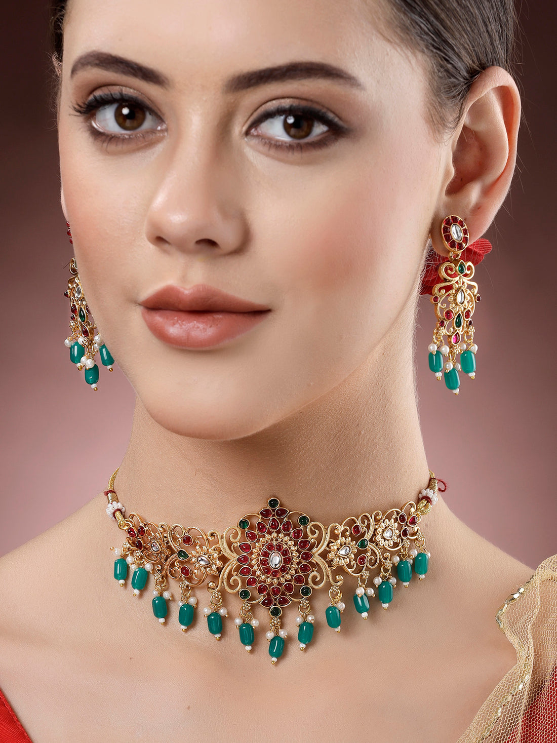 Karatcart Red and Green Stone Gold Plated Floral Temple Jewellery Set for Women