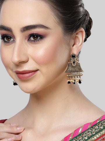 Karatcart Gold Plated Black Crystal Studded Engraved Dangler Earrings for Women