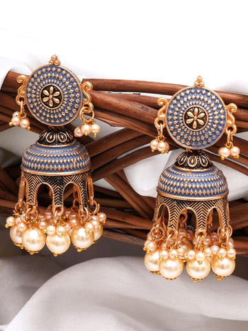 Karatcart Antique Gold Plated Grey Tomb Style with Golden Pearl Jhumki Earrings for Women