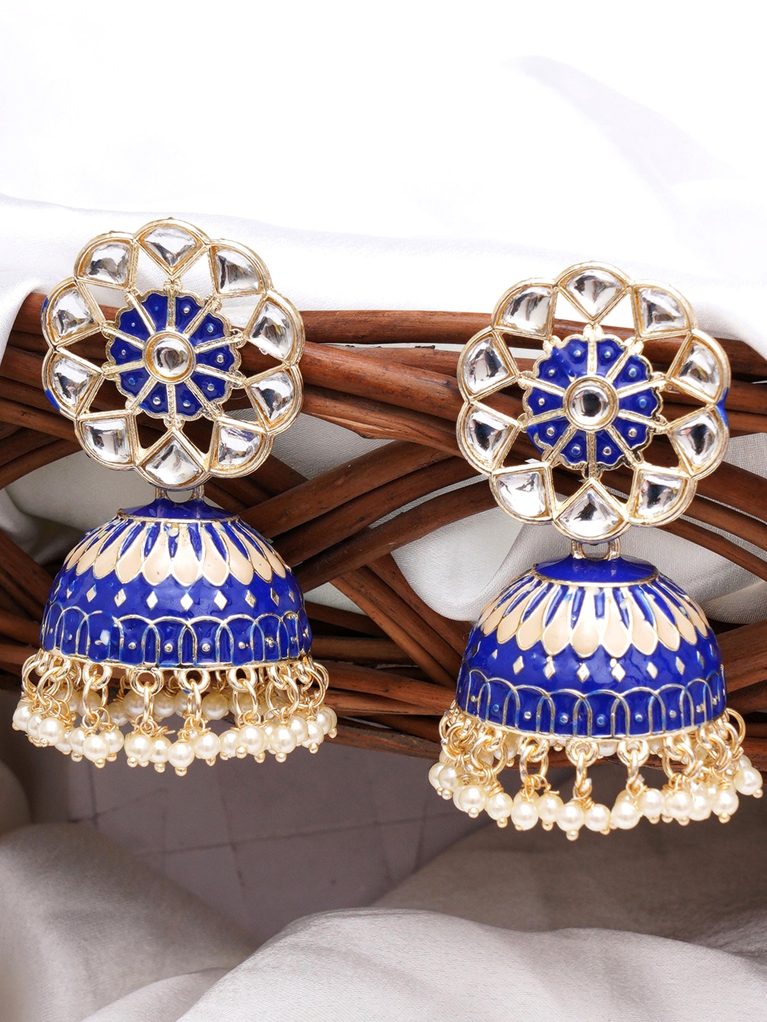 Karatcart Gold Plated Royal Blue Meena Kunda Studded Jhumki Earrings for Women - view 3