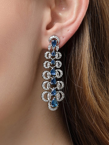 Karatcart Silver Plated Blue Cubic Zirconia Studded Leaf Design Drop Earrings for Women