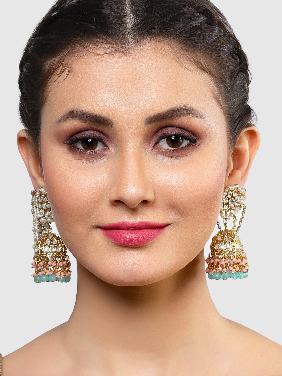 Karatcart Gold Plated Light Blue Beads and Pink Crystal Studded Kundan Kaanchain Jhumki Earrings