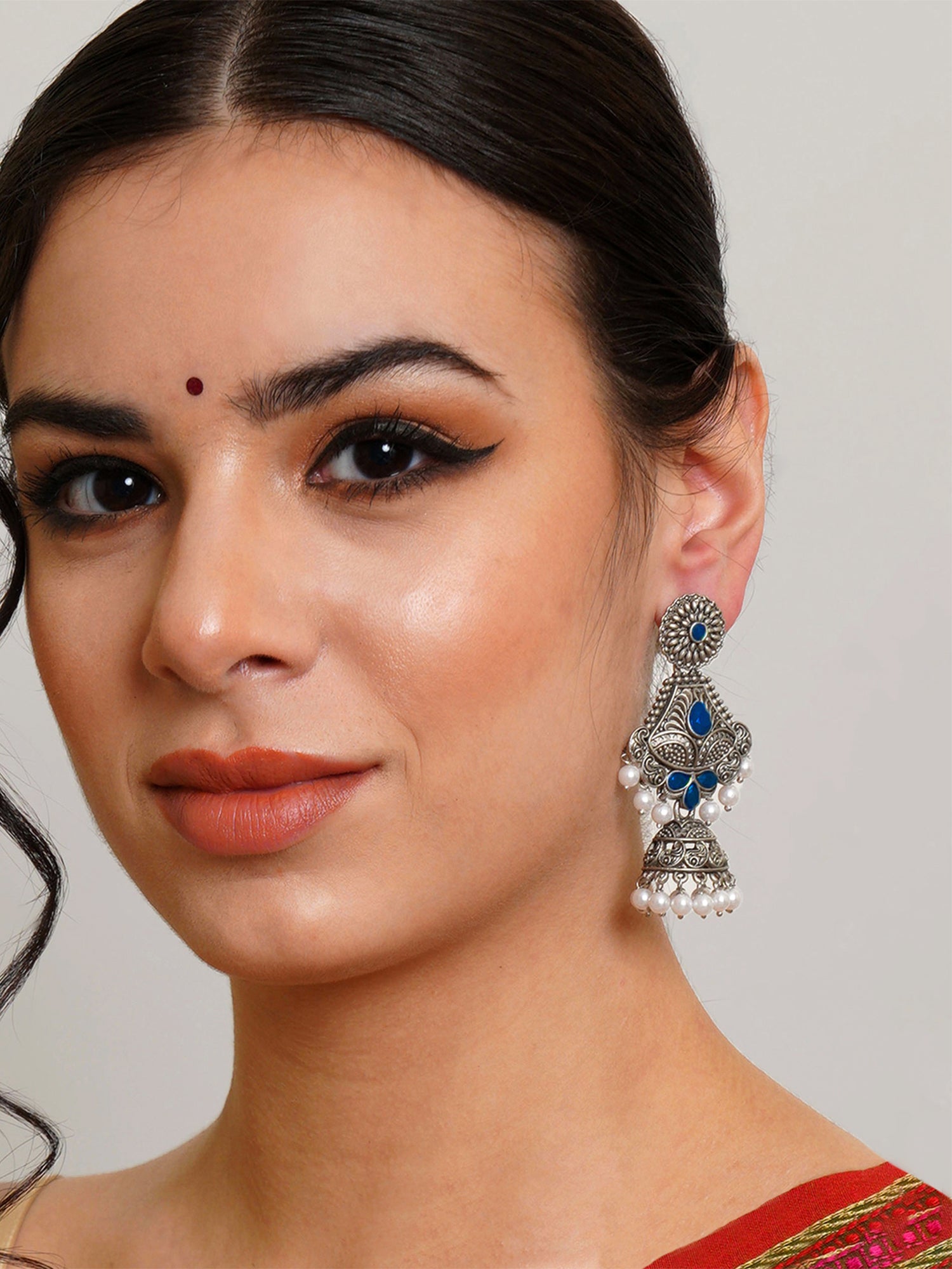 Karatcart Oxidised Silver Handcrafted Blue Long Dangler Jhumki Earrings for Women - view 2