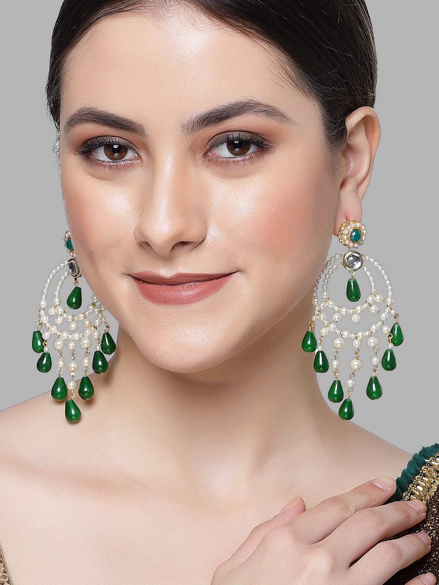 Karatcart Gold Plated Green Bead Kundan Drop Earrings for Women - view 2