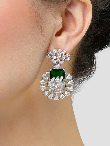 Karatcart Silver Toned Green Cubic Zirconia Studded Drop Earrings for Women