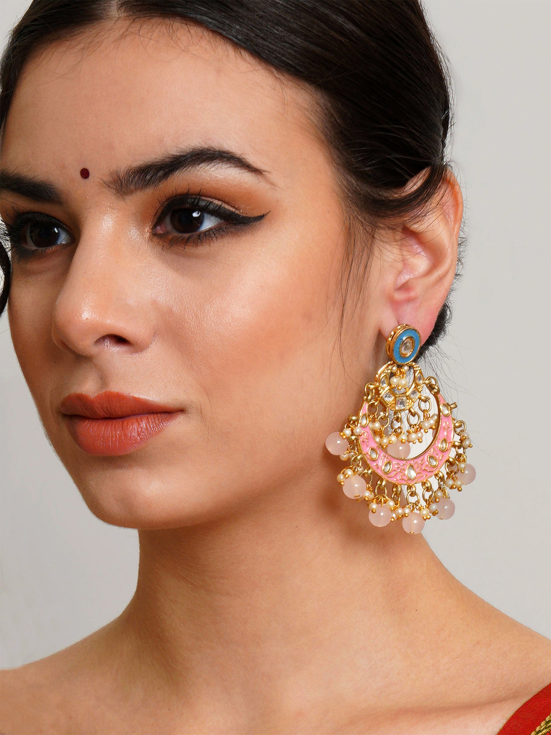 Karatcart Gold Plated Pink and Blue Meena Kundan Chandbali Earrings for Women