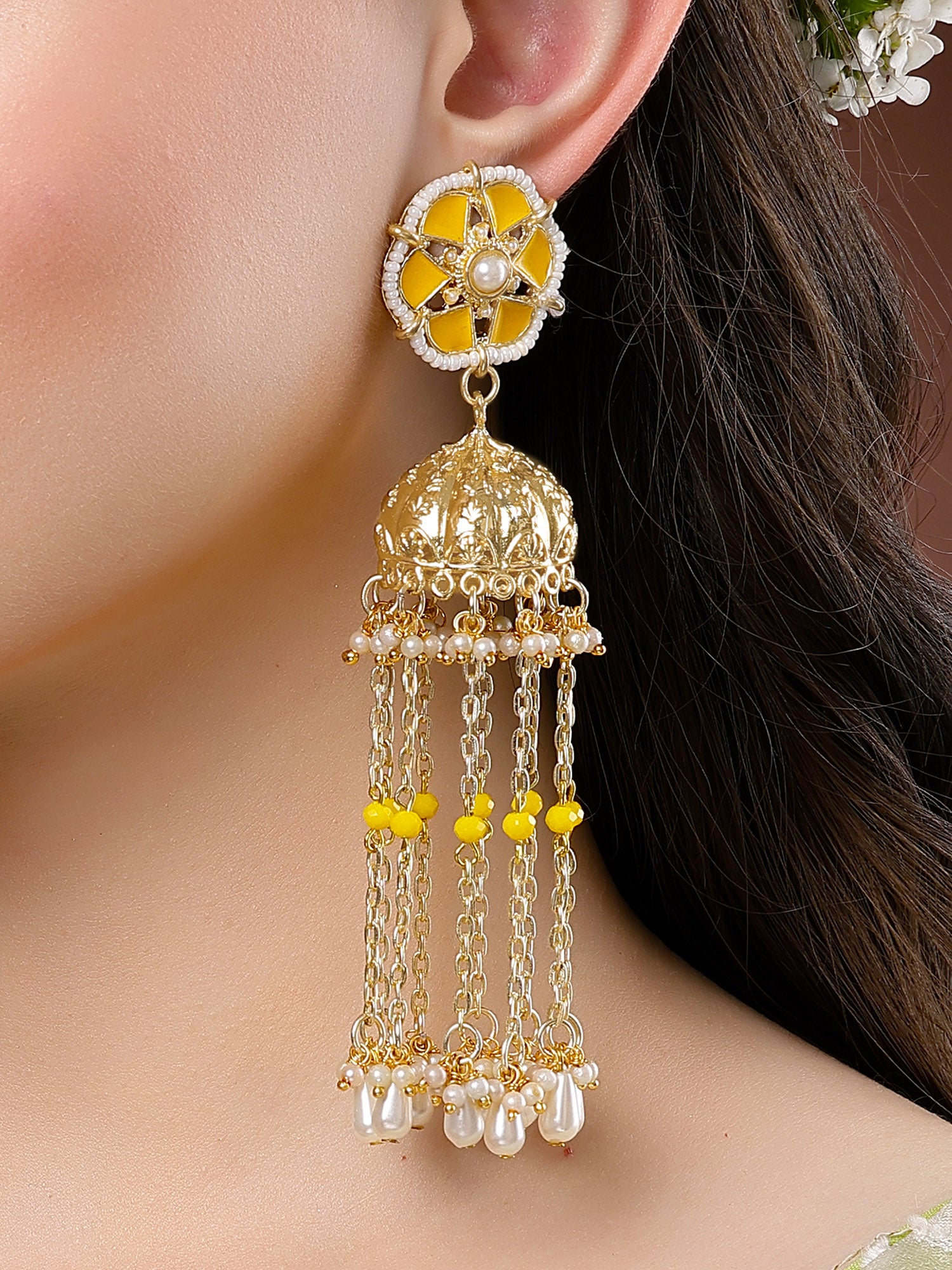 Karatcart Yellow Meena Gold Plated Kundan Pearl Tassel Chain Jhumki Earrings for Women - Image 1