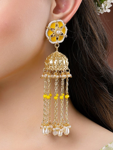 Karatcart Yellow Meena Gold Plated Kundan Pearl Tassel Chain Jhumki Earrings for Women