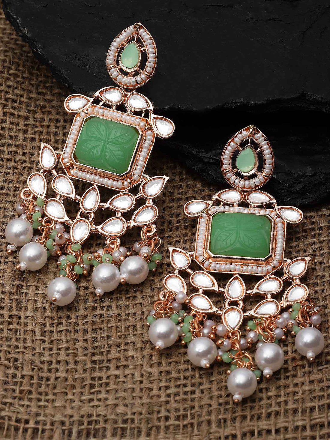 Karatcart Rose Gold Plated Lime Green Carved Stone Kundan Drop Earrings for Women