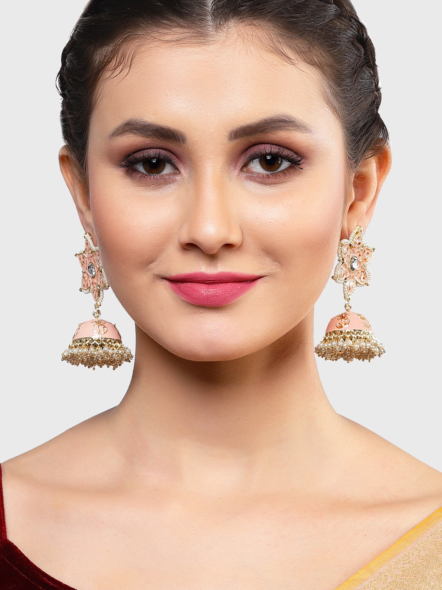 Karatcart Gold Plated Peach Meena Floral Shape Kundan Jhumki Earrings for Women - view 2