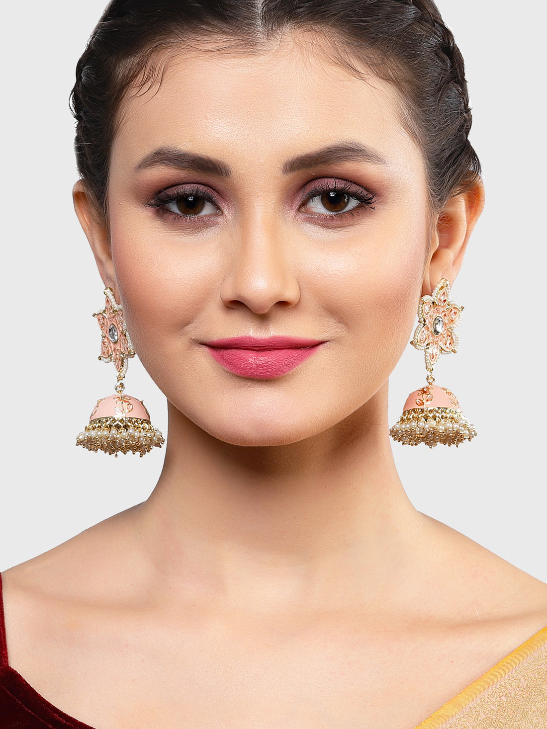 Karatcart Gold Plated Peach Meena Floral Shape Kundan Jhumki Earrings for Women