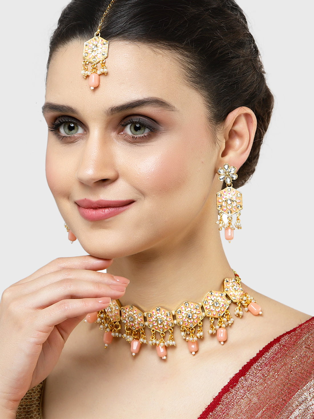 Karatcart Women Gold Plated Peach Meena And Tumble Studded Kundan Necklace Set