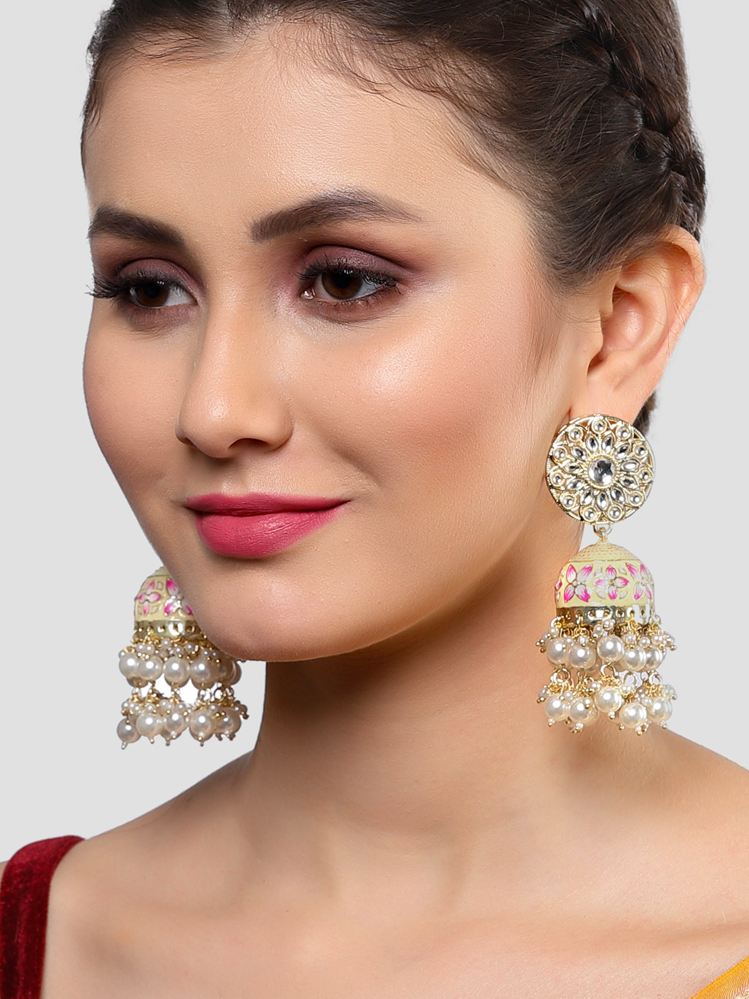 Karatcart Gold Plated Floral Design Pearl Studded Yellow Meena Kundan Jhumki Earrings for Women - Image 1