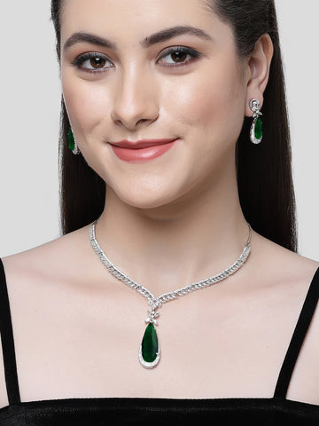 Karatcart Silver Tone Green Drop Shape Cubic Zirconia Studded Jewellery Set for Women