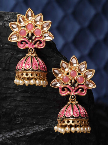 Karatcart Gold Plated Pink Meena and Kundan Jhumki Earrings for Women