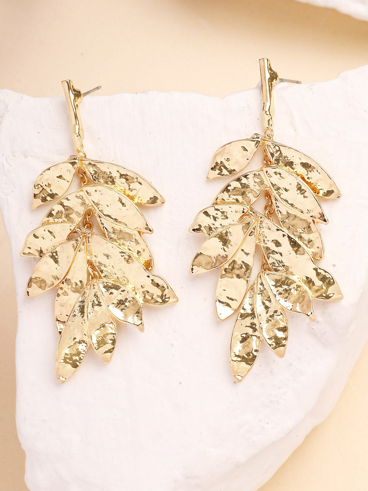Bohey by KARATCART Gold Plated Hammered Leaf Design Drop Earrings for Women