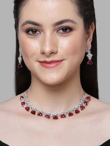 Karatcart Silver Tone Red Triangular Shape Cubic Zirconia Necklace Set for Women