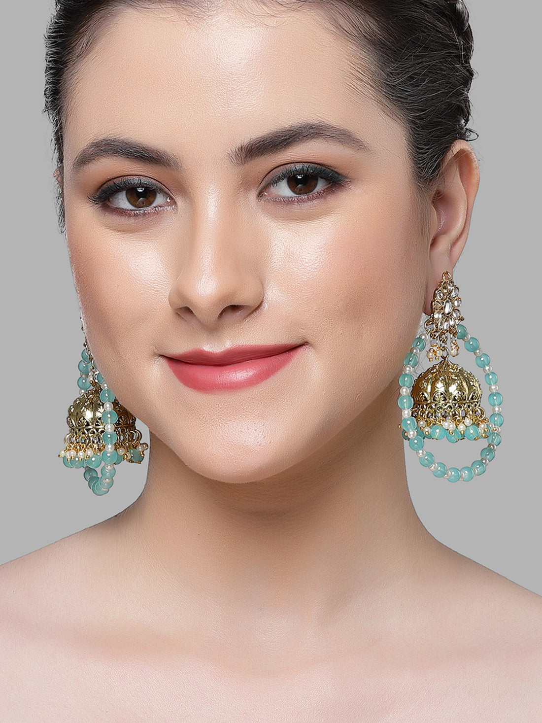 Karatcart Gold Plated Light Blue Bead Kundan Jhumki Hoop Earrings for Women