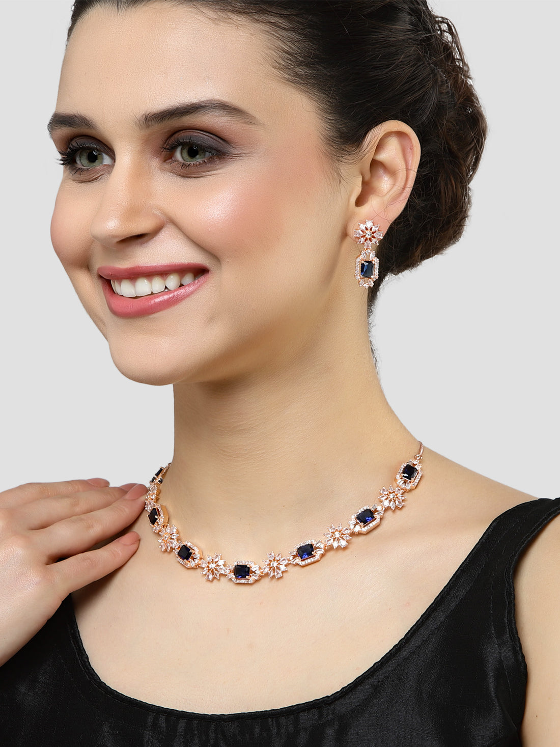 Karatcart Rose Gold Plated Blue Cubic Zirconia Studded Necklace Set