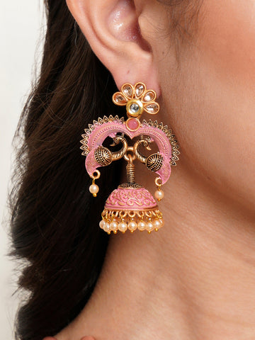 Karatcart Antique Gold Plated Pink Designer Peacock Jhumki Earrings for Women