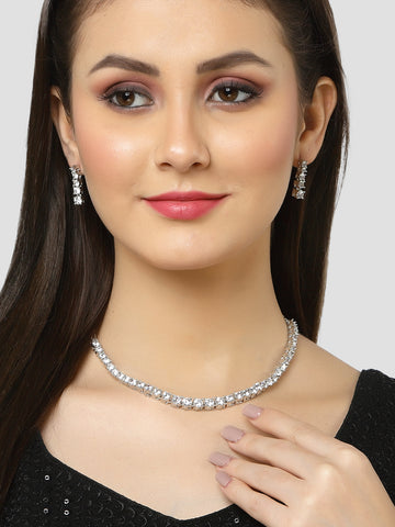 Karatcart Silver Toned Cubic Zirconia Studded Statement Jewellery Set for Women