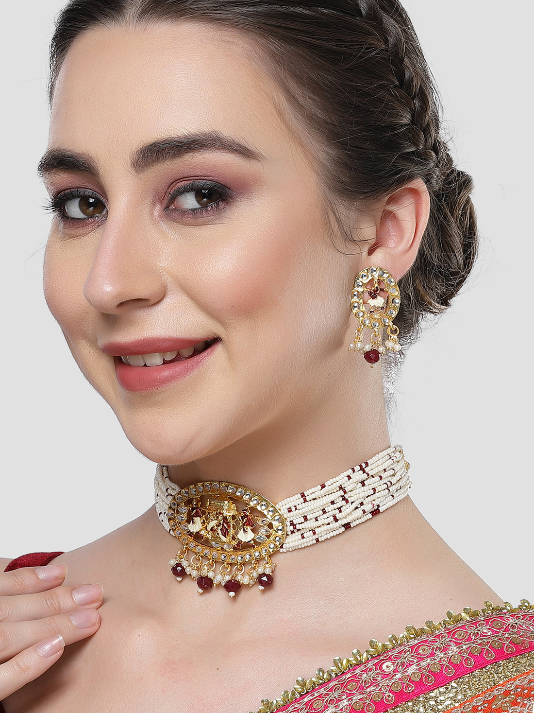 Karatcart Gold Plated Maroon Dulhan Doli Design Choker Necklace Set for Women