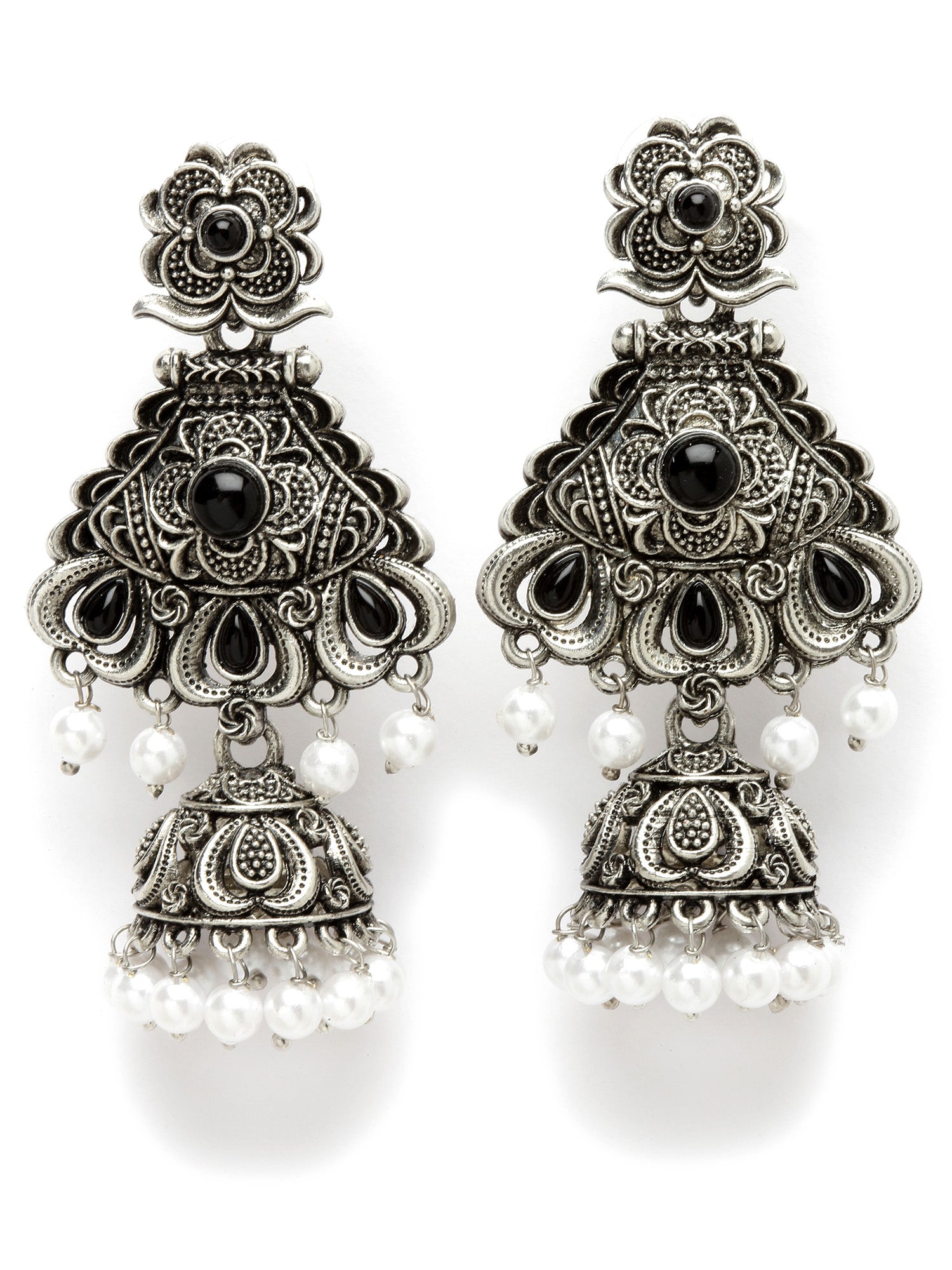 Karatcart Oxidised Silver Black Stone Studded Dangler Jhumki Earrings for Women - view 4