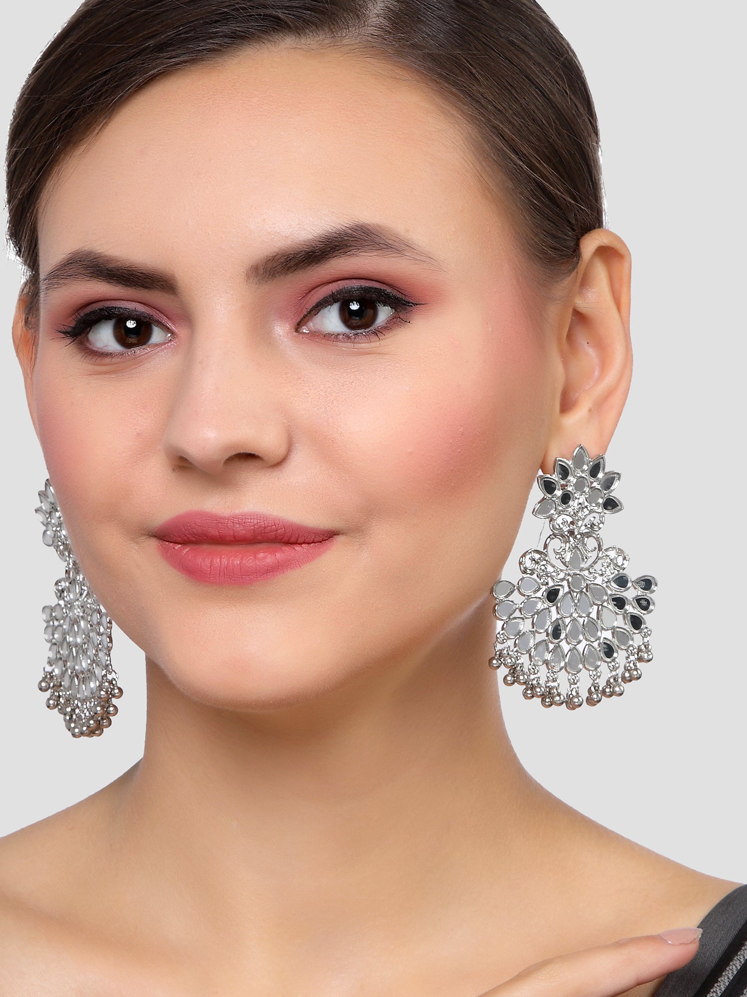 Karatcart Silver Plated Mirror Studded Dangler Earrings for Women - view 2