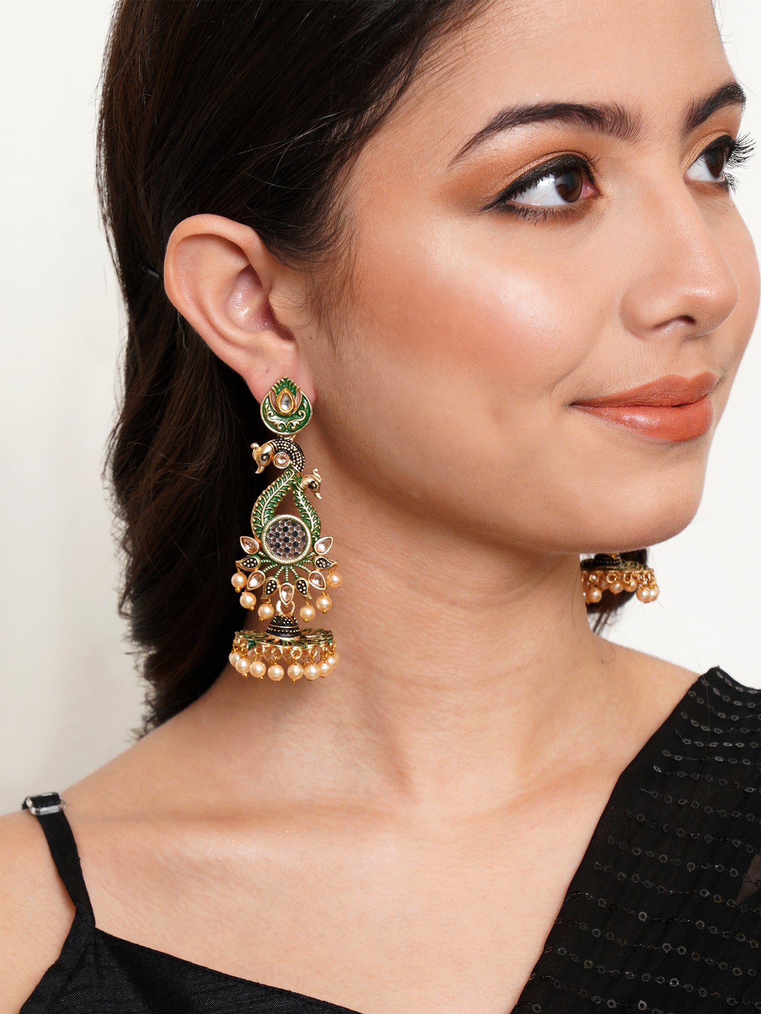 Karatcart Antique Gold Plated Kundan Studded Green Meena Peacock with Flat Jhumki Dangler Earrings - view 2