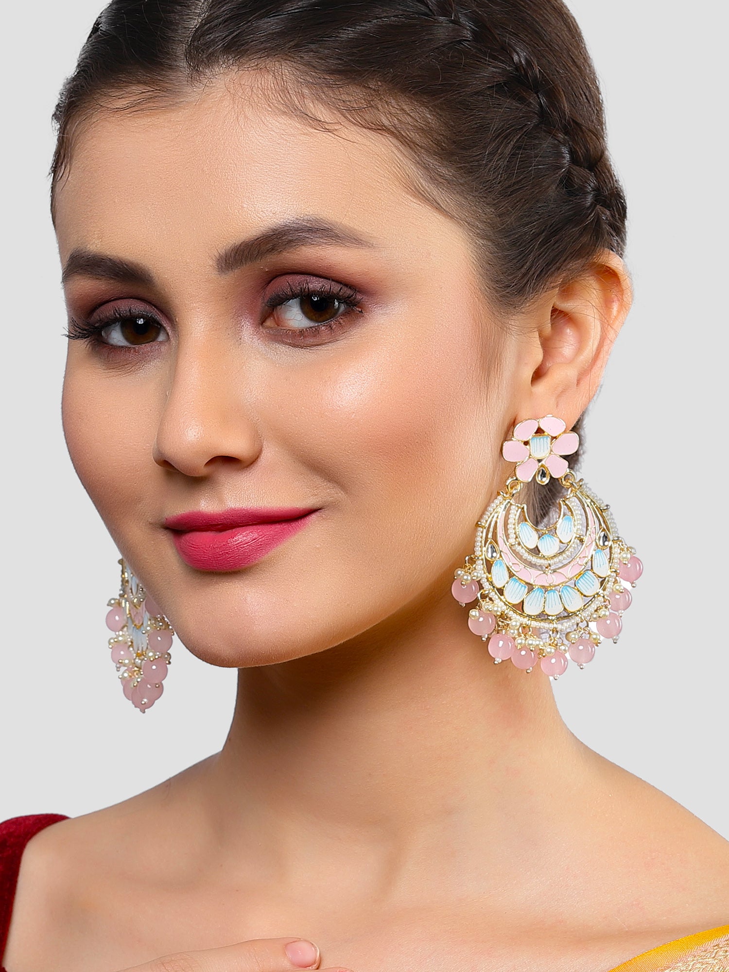 Karatcart Gold Plated Pink Beads and Meena Chandbali Earrings for Women - Image 1