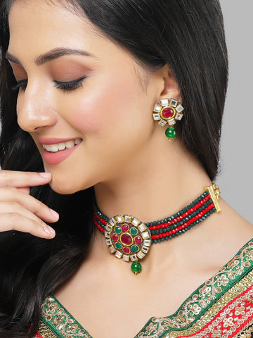 Karatcart Gold Plated Red and Green Crystal Studded Choker Necklace Set for Women