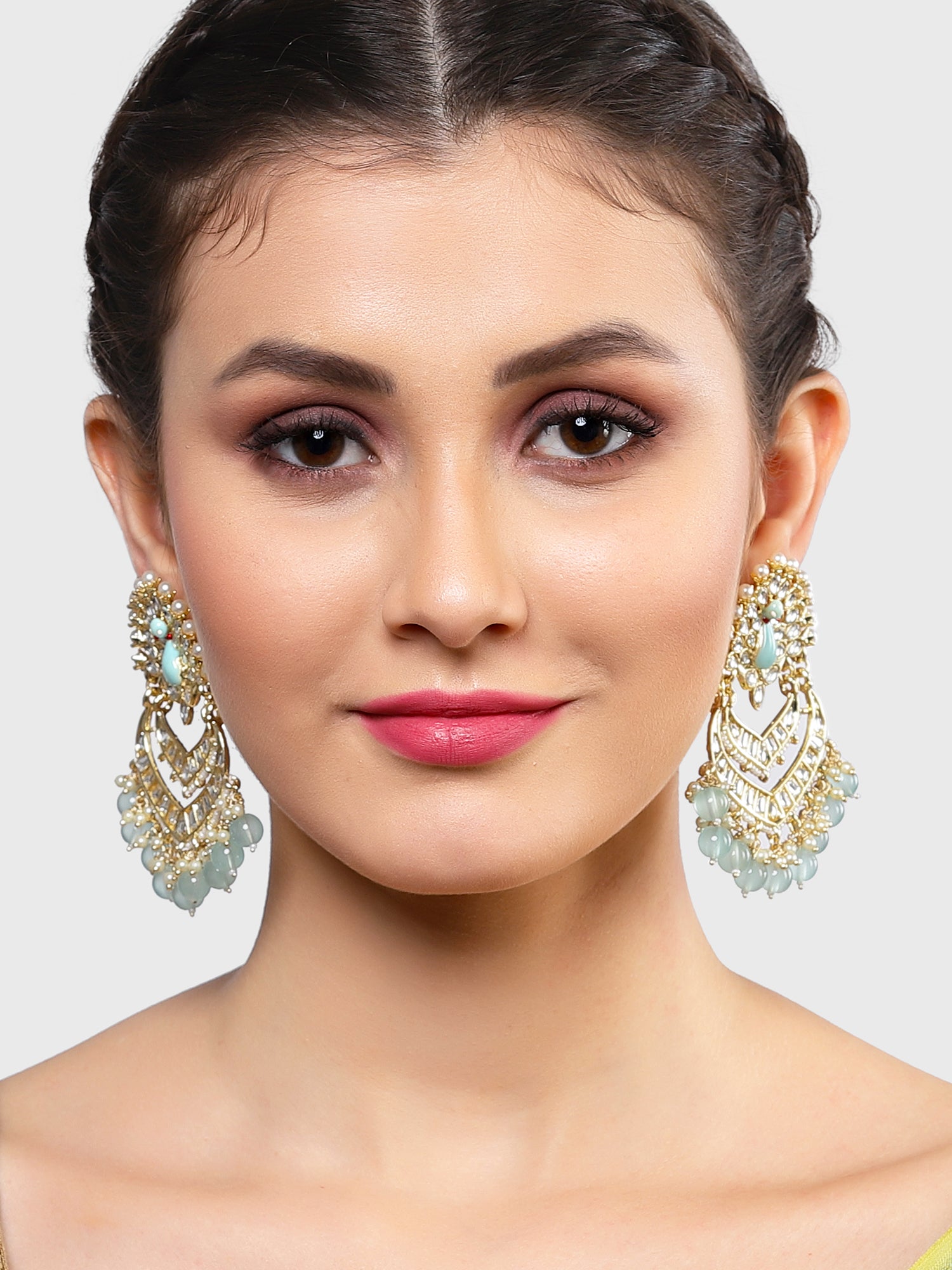 Karatcart Gold Plated Peacock Shape Light Blue Meena and Kundan Studded Dangler Earrings for Women - view 2