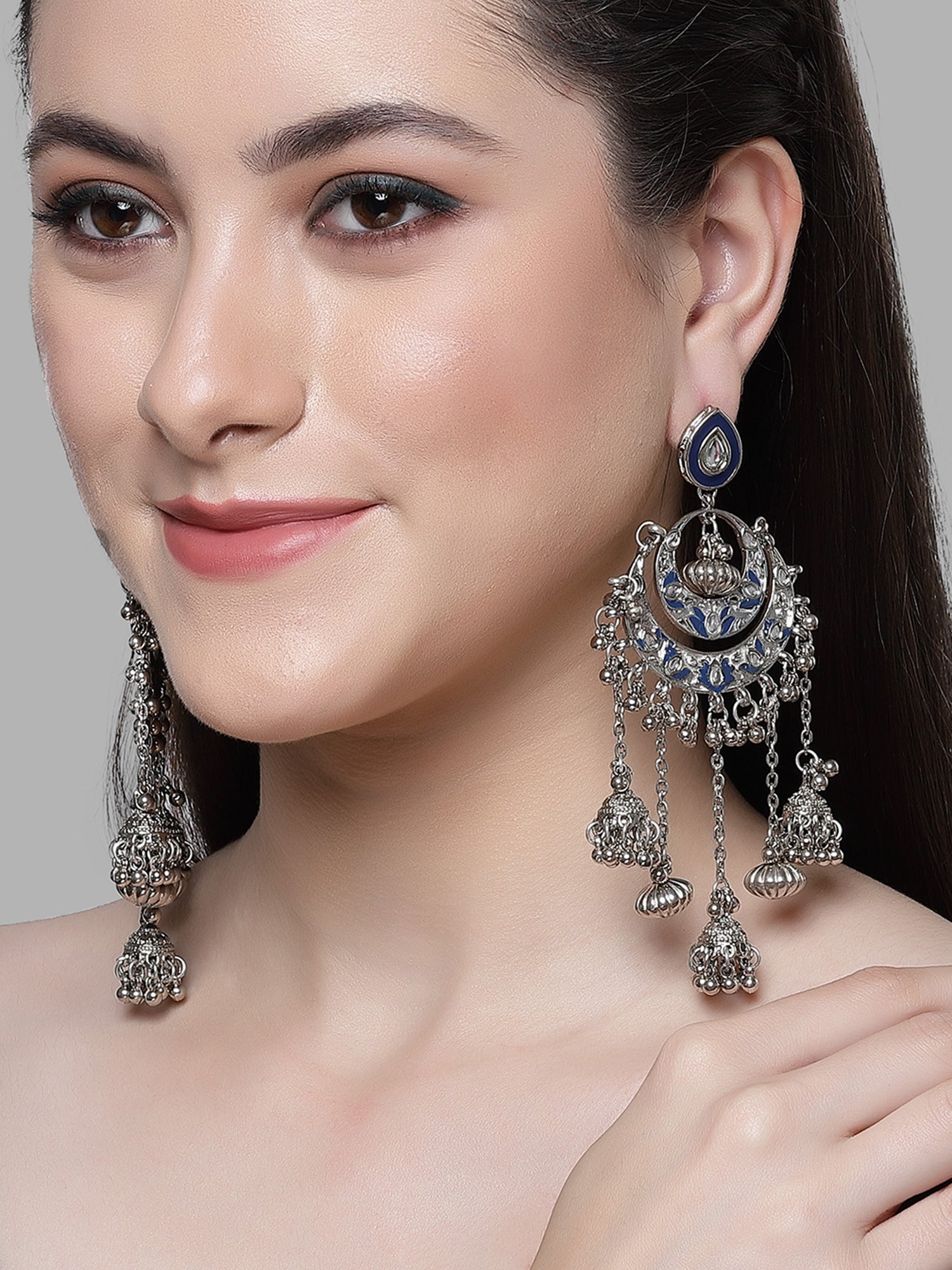 Karatcart Oxidised Silver Plated Blue Meena and Kundan Dangler Earrings for Women - Image 1