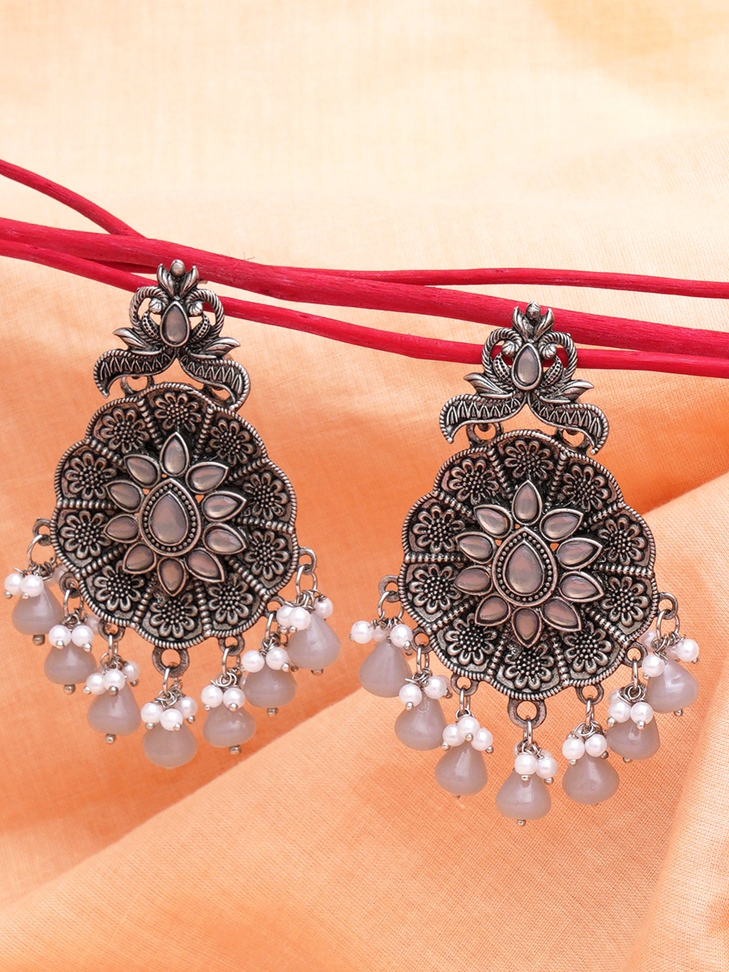 Karatcart Oxidised Silver Grey Monalisa Stone Studded Floral Dangler Earrings for Women - view 3