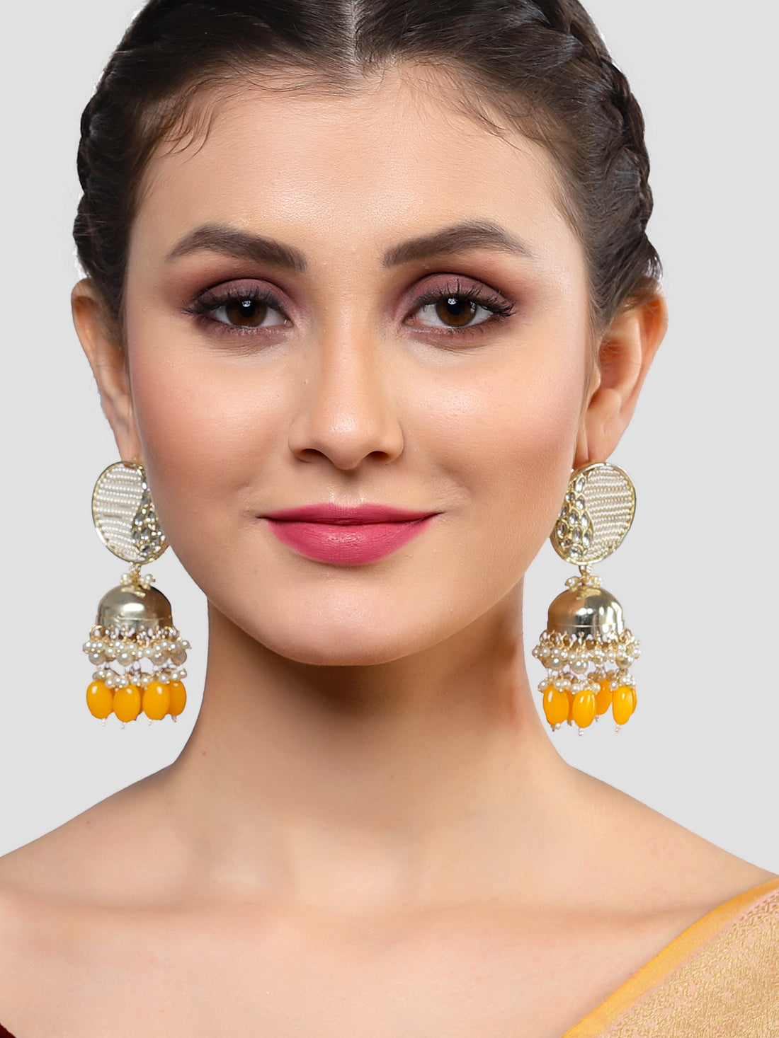 Karatcart Gold Plated Yellow Tumble and Pearl Studded Kundan Jhumki Earrings for Women