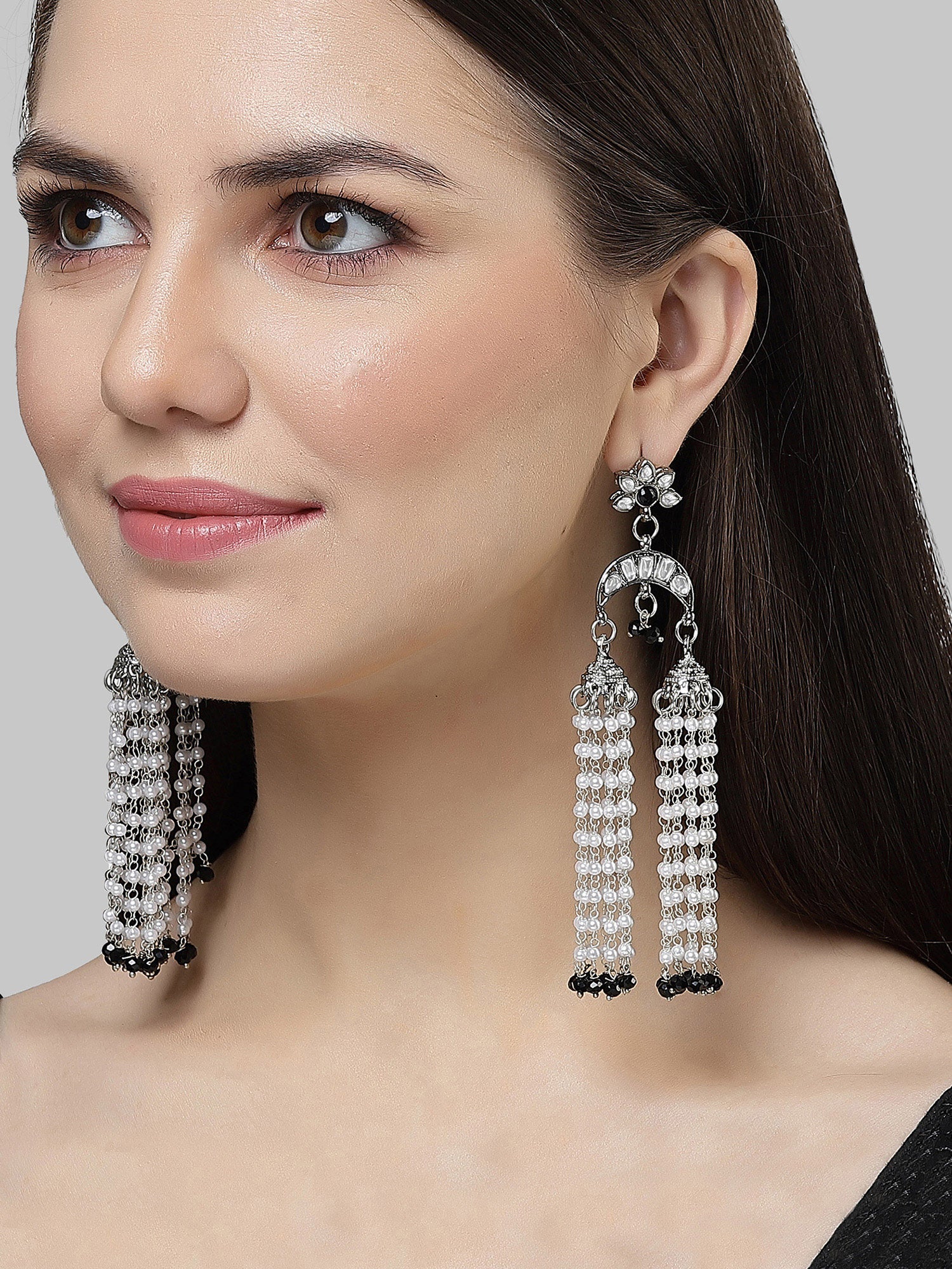 Karatcart Oxidised Silver Black Crystal and Pearl Kundan Drop Earrings for Women - Image 1
